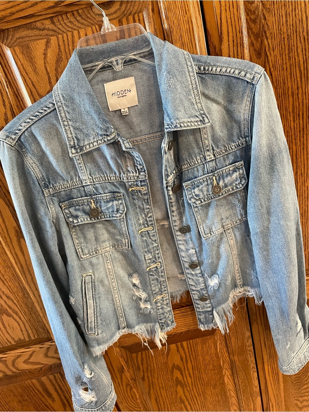 Cropped Distressed Light Blue Denim Jacket by Hidden